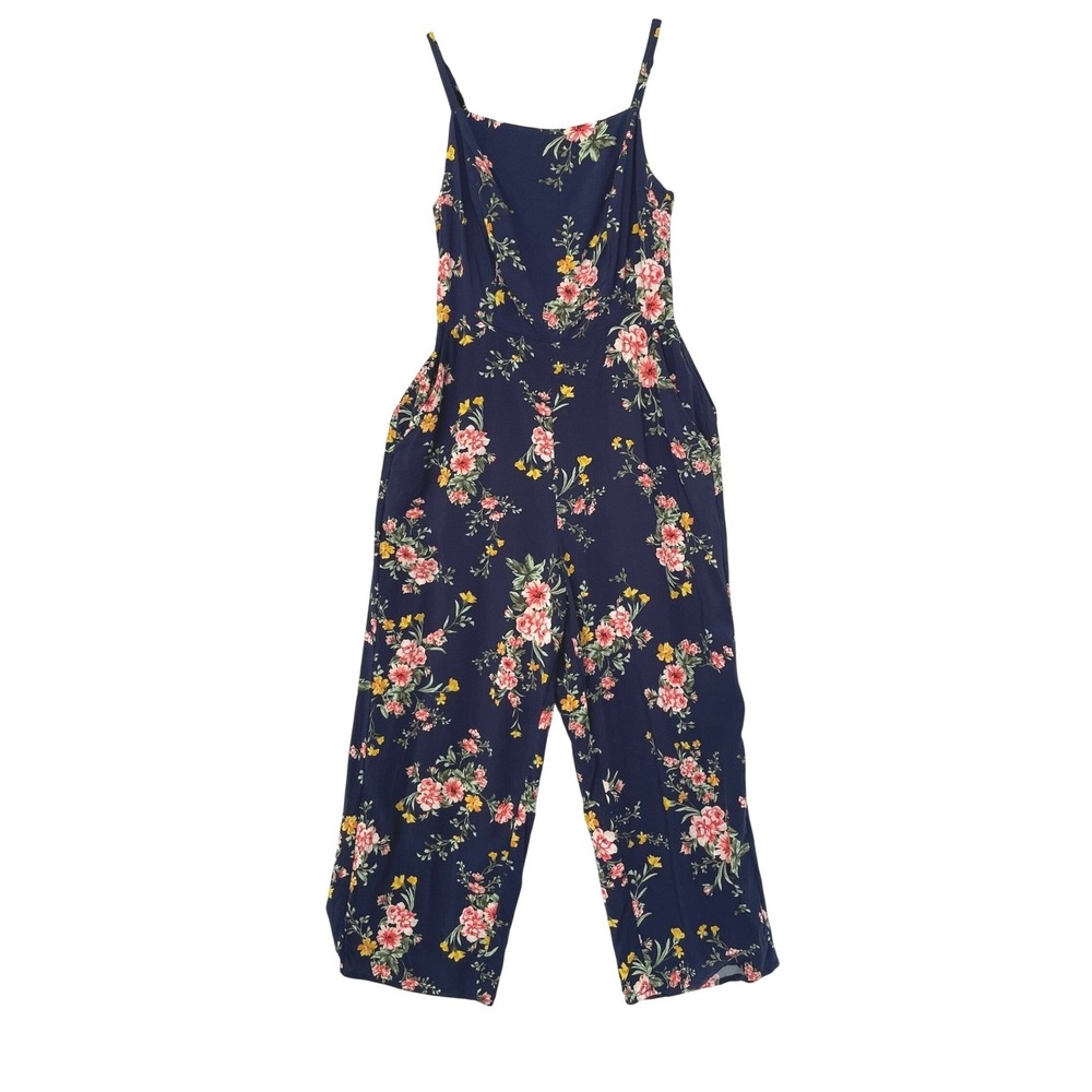 Old Navy Floral Jumpsuit Women S Navy Blue Excellent Wide Leg Smocked Rayon